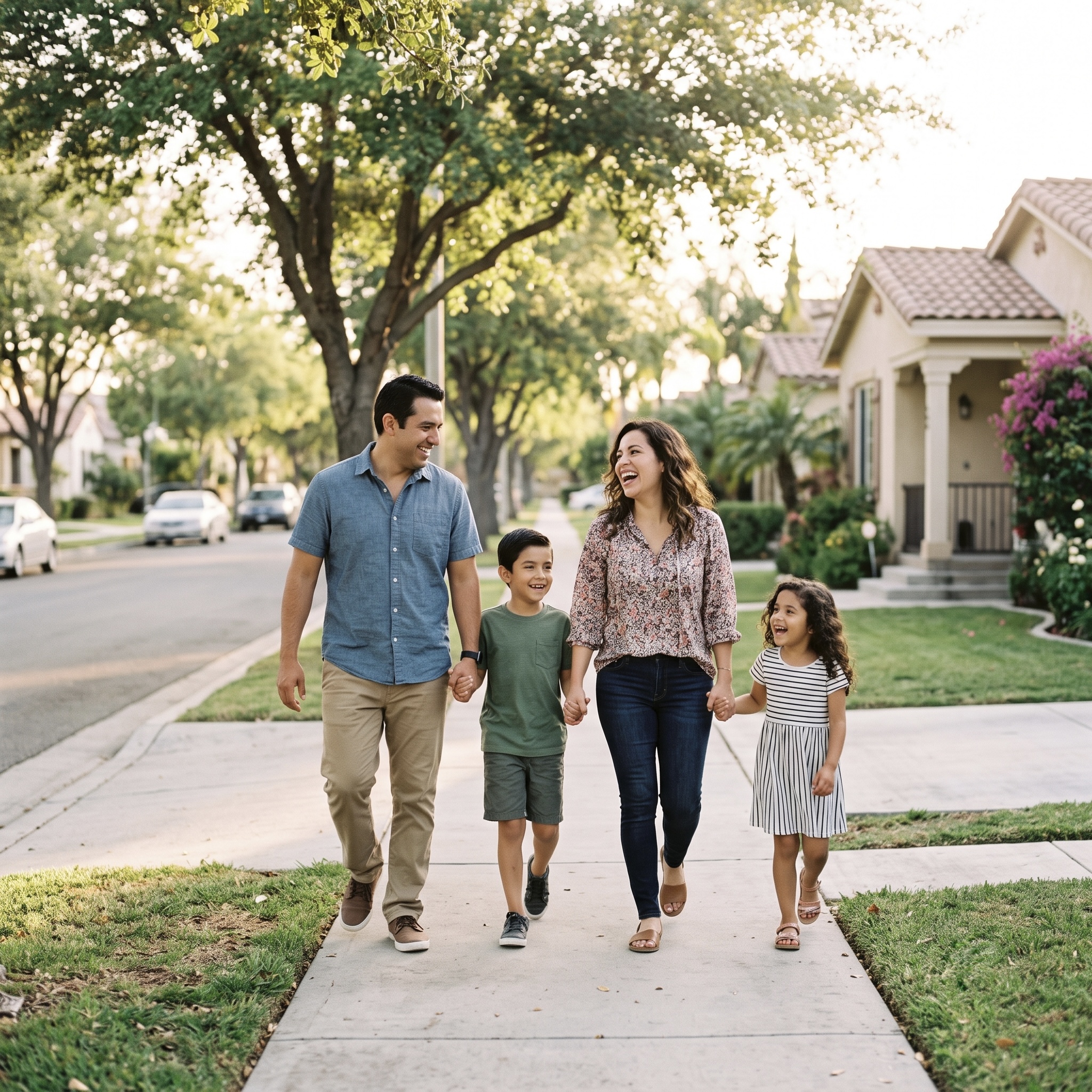 Familia mexicana feliz y protegida caminando por su vecindario