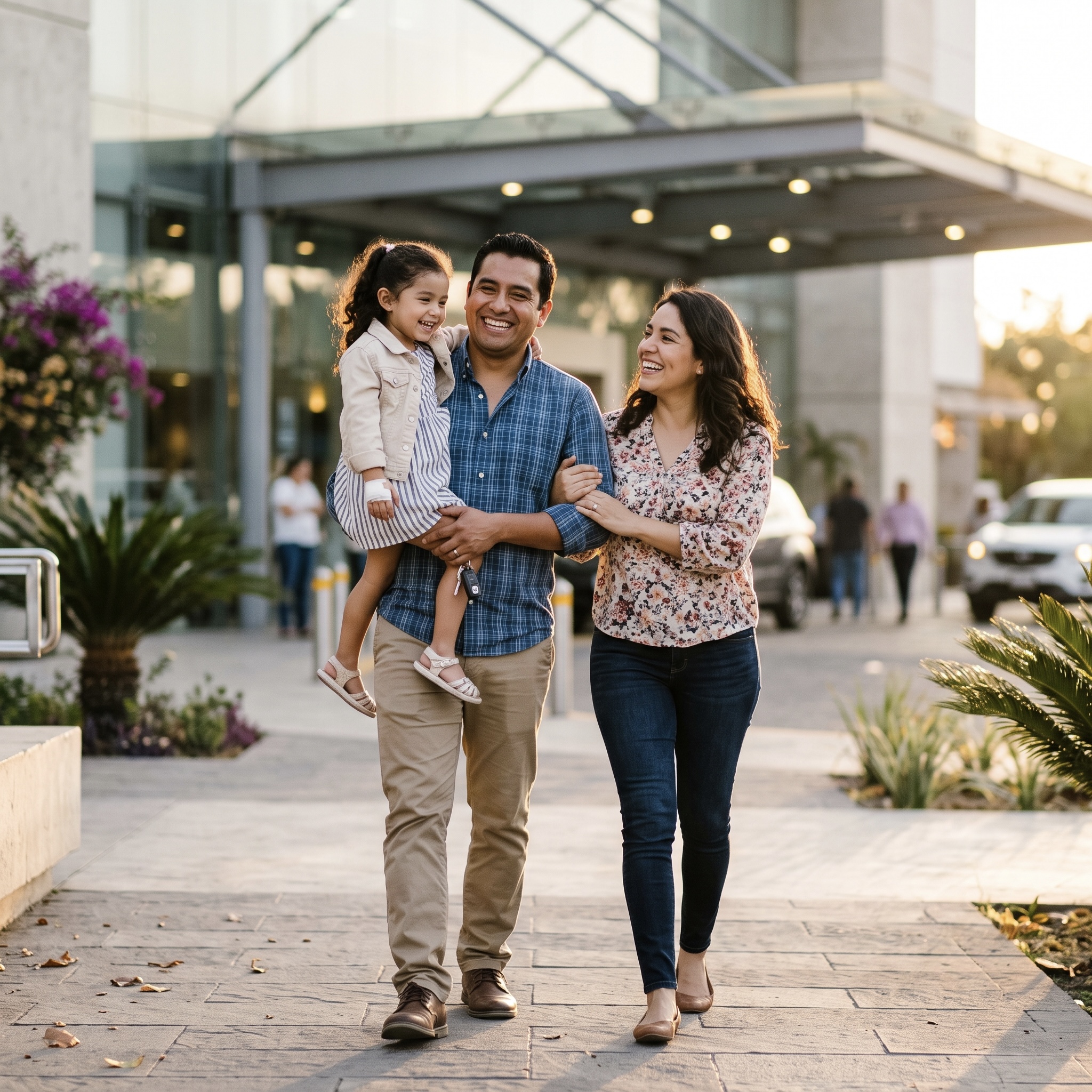 Familia mexicana feliz y saludable saliendo de un hospital