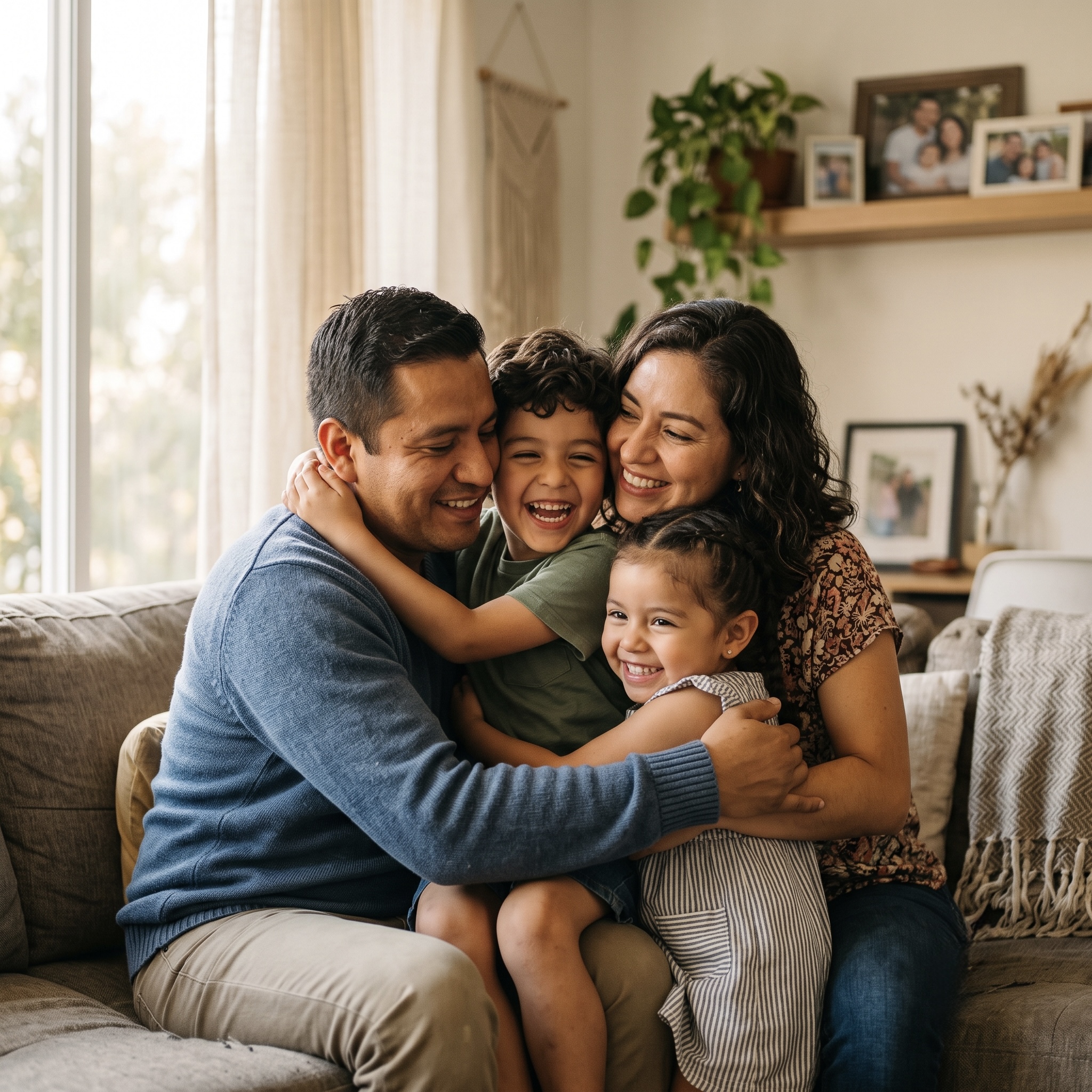Familia mexicana abrazada y feliz en su hogar